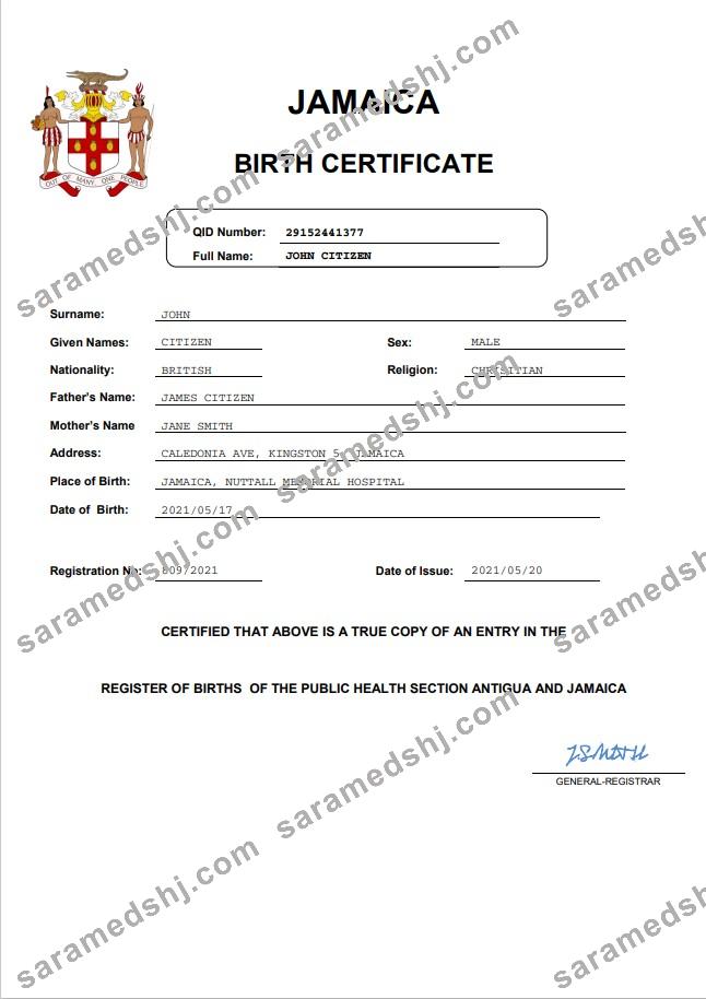 Jamaica vital record birth certificate Word and PDF template